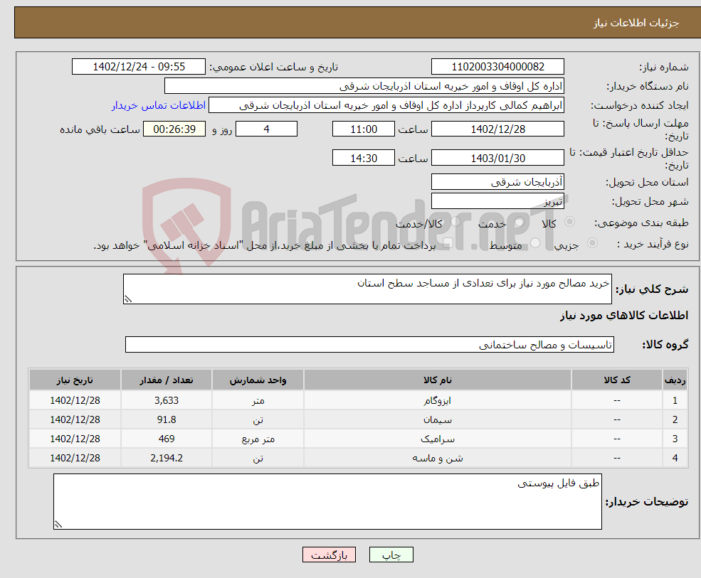 تصویر کوچک آگهی نیاز انتخاب تامین کننده-خرید مصالح مورد نیاز برای تعدادی از مساجد سطح استان