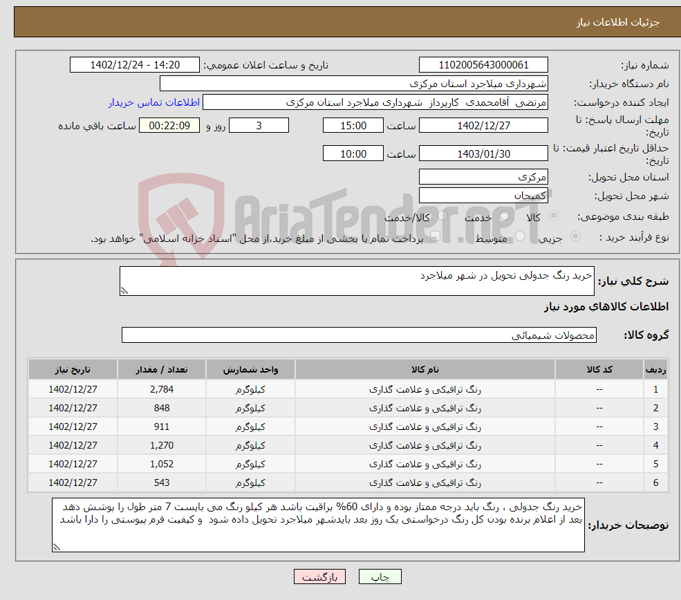 تصویر کوچک آگهی نیاز انتخاب تامین کننده-خرید رنگ جدولی تحویل در شهر میلاجرد