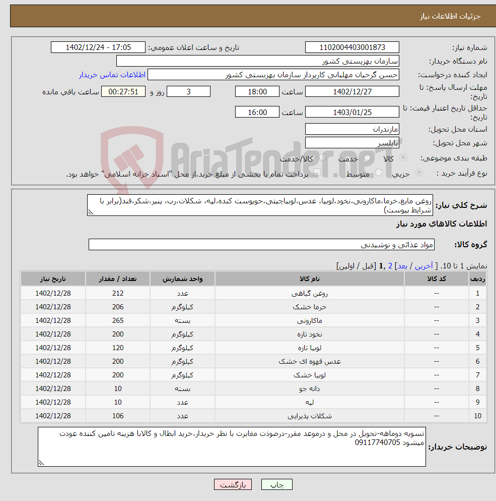 تصویر کوچک آگهی نیاز انتخاب تامین کننده-روغن مایع،خرما،ماکارونی،نخود،لوبیا، عدس،لوبیاچیتی،جوپوست کنده،لپه، شکلات،رب، پنیر،شکر،قند(برابر با شرایط پیوست)