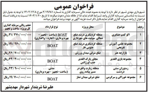 تصویر کوچک آگهی سرمایه گذاران واجد شرایط در 6 ردیف شامل:
مجموعه بازی الغدیر مجاور پارک الغدیر