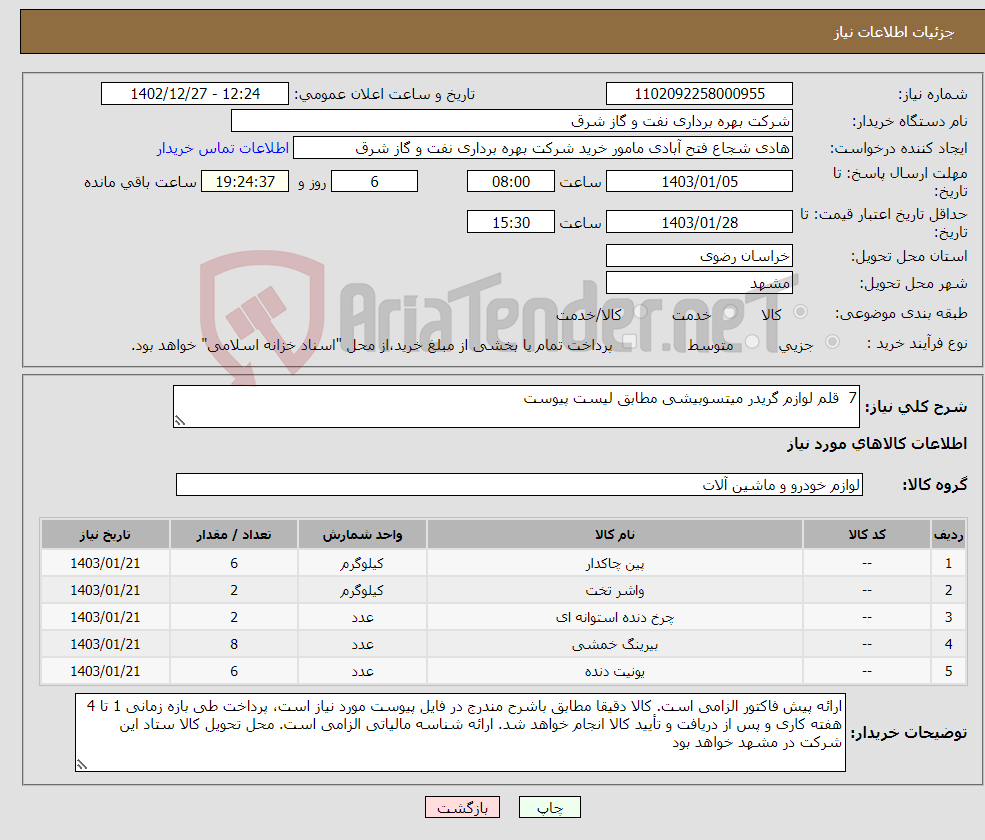 تصویر کوچک آگهی نیاز انتخاب تامین کننده-7 قلم لوازم گریدر میتسوبیشی مطابق لیست پیوست