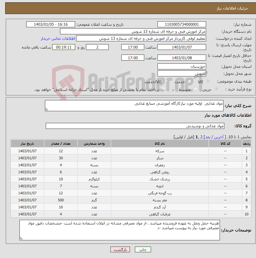تصویر کوچک آگهی نیاز انتخاب تامین کننده-مواد غذایی اولیه مورد نیازکارگاه آموزشی صنایع غذایی