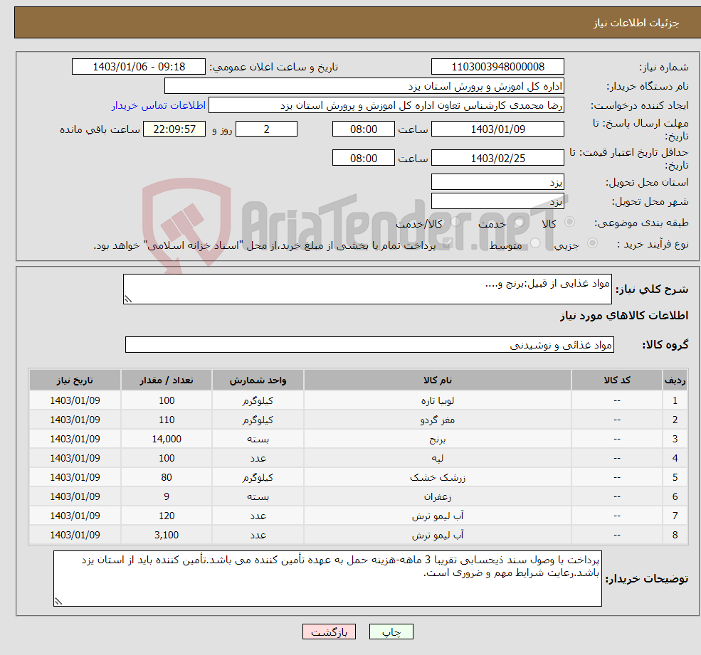 تصویر کوچک آگهی نیاز انتخاب تامین کننده-مواد غذایی از قبیل:برنج و....