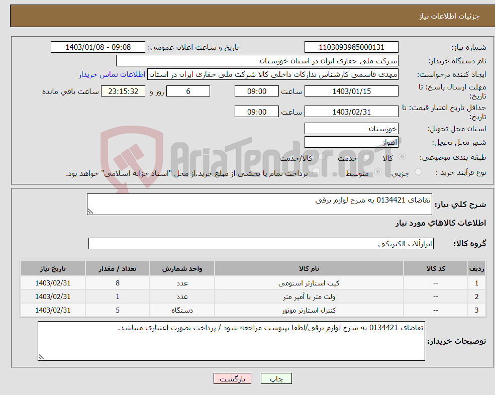 تصویر کوچک آگهی نیاز انتخاب تامین کننده-تقاضای 0134421 به شرح لوازم برقی