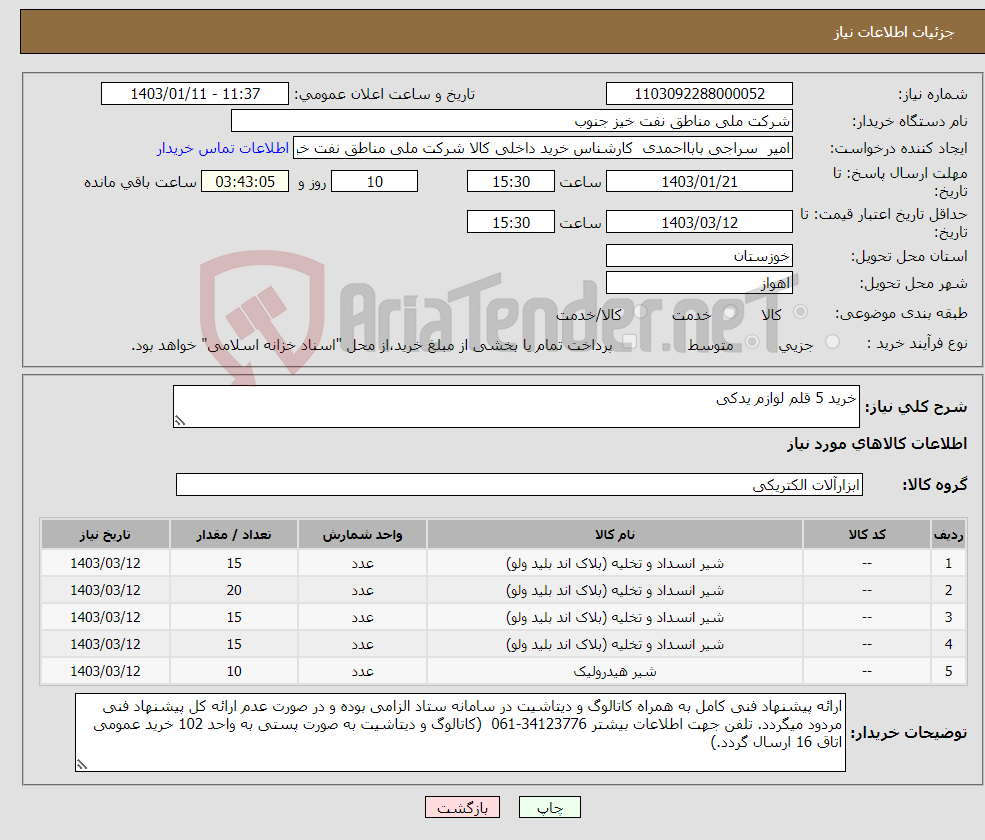 تصویر کوچک آگهی نیاز انتخاب تامین کننده-خرید 5 قلم لوازم یدکی 