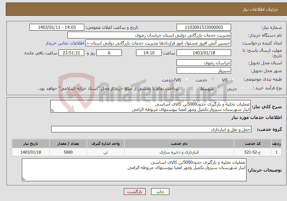 تصویر کوچک آگهی نیاز انتخاب تامین کننده-عملیات تخلیه و بارگیری حدود5000تن کالای اساسی انبار شهرستان سبزوار.تکمیل ومهر امضا پیوستهای مربوطه الزامی