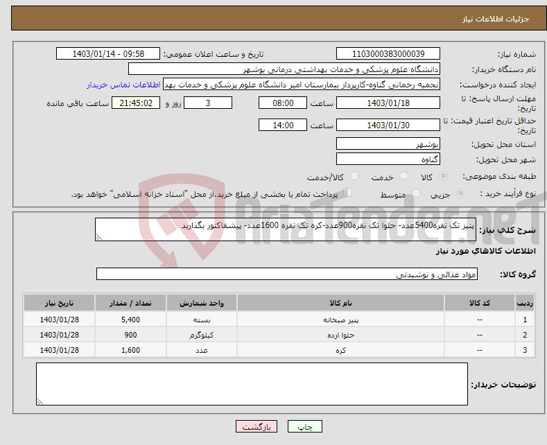 تصویر کوچک آگهی نیاز انتخاب تامین کننده-پنیر تک نفره5400عدد- حلوا تک نفره900عدد-کره تک نفره 1600عدد- پیشفاکتور بگذارید