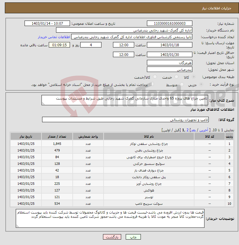 تصویر کوچک آگهی نیاز انتخاب تامین کننده-تامین چراغ های پروژه 65 واحدی منازل سازمانی گمرک شهید رجایی طبق شرایط و مستندات پیوست