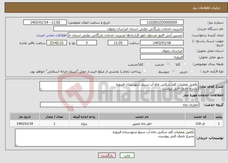 تصویر کوچک آگهی نیاز انتخاب تامین کننده-تکمیل عملیات کف شکنی چاه آب سیلو شهرستان فیروزه بشرج جدول فنی پیوست
