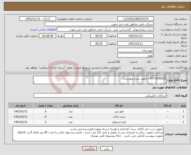 تصویر کوچک آگهی نیاز انتخاب تامین کننده-P/F BORSIG / (طبق شرح پیوست)