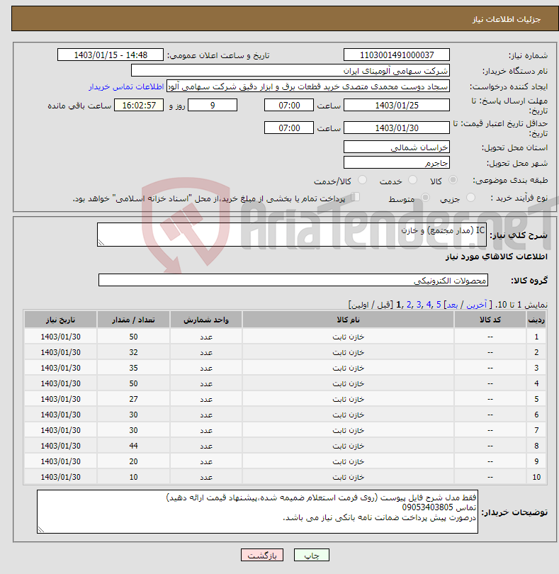 تصویر کوچک آگهی نیاز انتخاب تامین کننده-IC (مدار مجتمع) و خازن