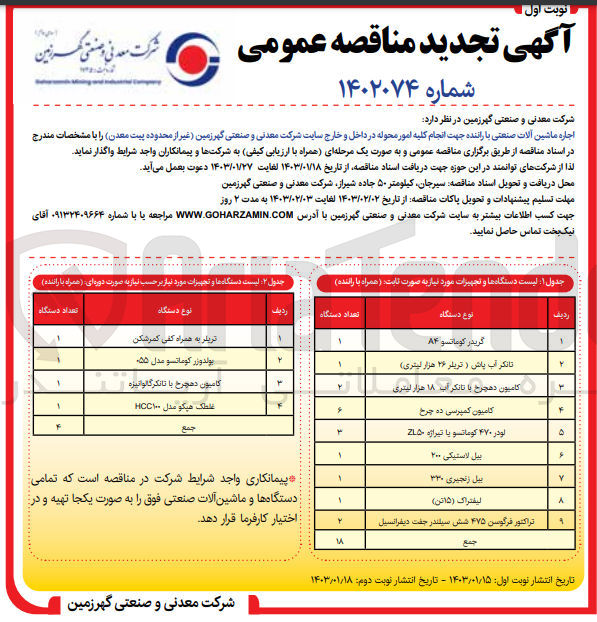 تصویر کوچک آگهی اجاره ماشین آلات صنعتی با راننده جهت انجام امور محوله در داخل و خارج سایت