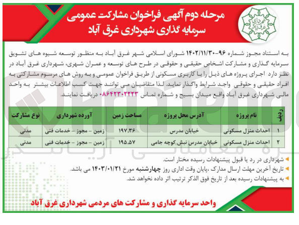 تصویر کوچک آگهی مشارکت عمومی سرمایه گذاری شهرداری : 
احداث منزل مسکونی مساحت 195.57 متر مربع 
