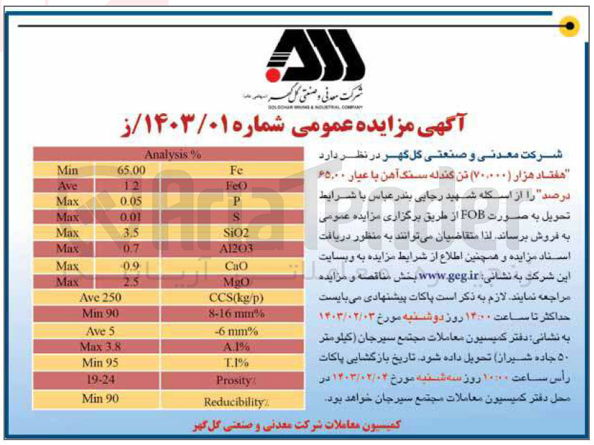 تصویر کوچک آگهی فروش هفتاد هزار تن گندله سنگ آهن با عیار 65.00 درصد