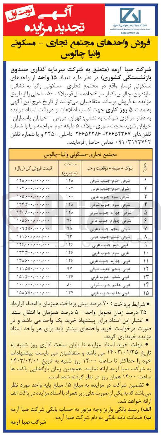 تصویر کوچک آگهی فروش واحدهای مجتمع تجاری ـ مسکونی به تعداد 15 واحد