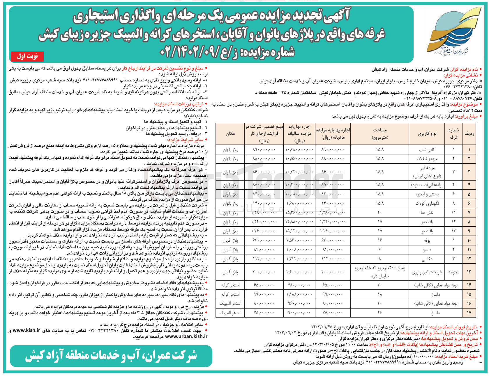 تصویر کوچک آگهی واگذاری استیجاری غرفه های واقع در پلاژهای بانوان و آقایان