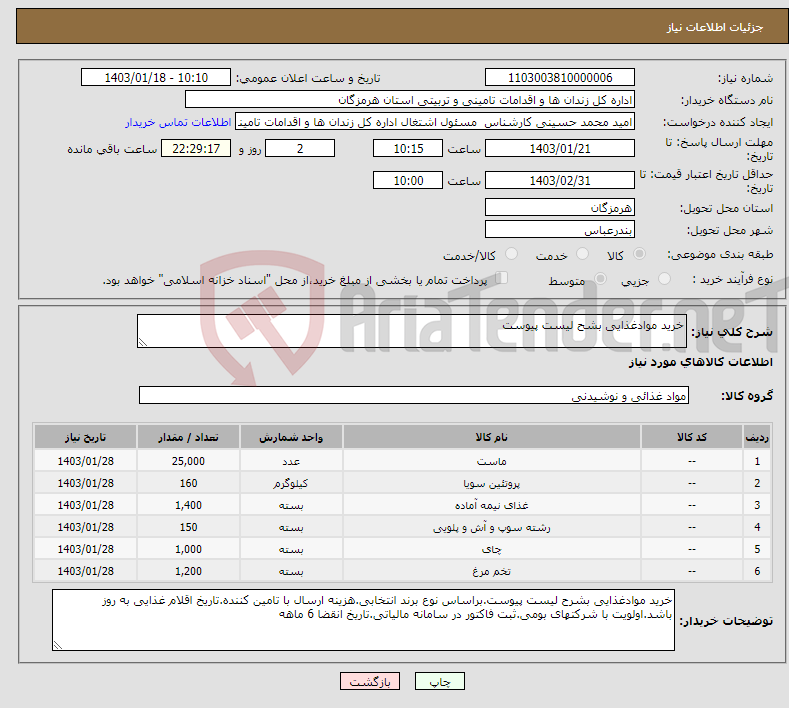 تصویر کوچک آگهی نیاز انتخاب تامین کننده-خرید موادغذایی بشح لیست پیوست