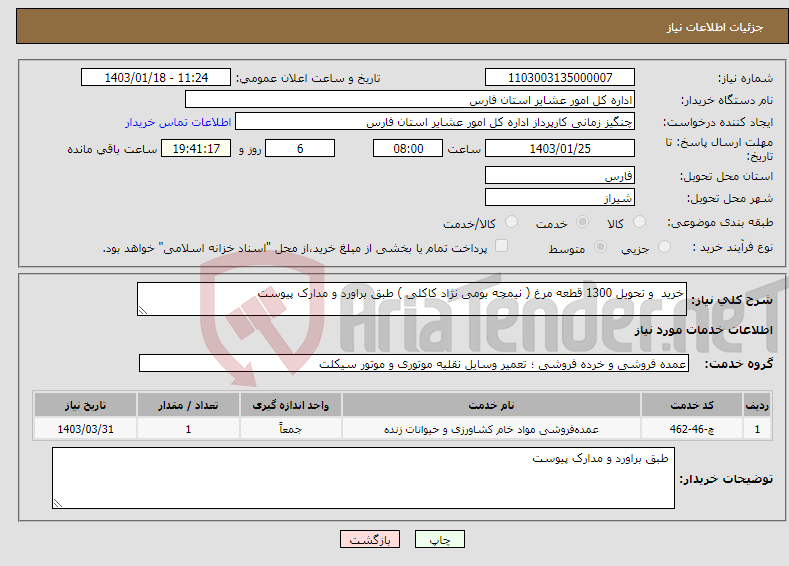 تصویر کوچک آگهی نیاز انتخاب تامین کننده-خرید و تحویل 1300 قطعه مرغ ( نیمچه بومی نژاد کاکلی ) طبق براورد و مدارک پیوست 