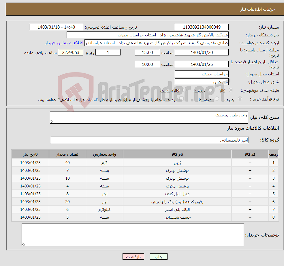 تصویر کوچک آگهی نیاز انتخاب تامین کننده-رزین طبق پیوست