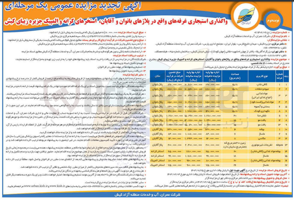تصویر کوچک آگهی واگذاری استیجاری غرفه های واقع در پلاژهای بانوان و آقایان