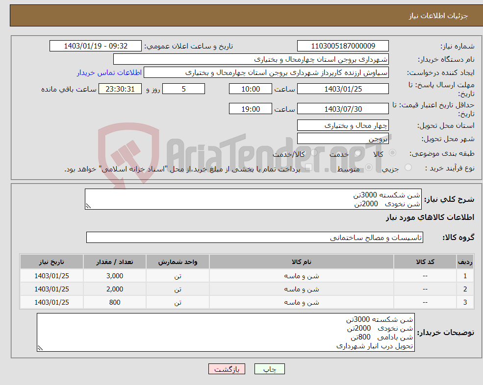 تصویر کوچک آگهی نیاز انتخاب تامین کننده-شن شکسته 3000تن شن نخودی 2000تن شن بادامی 800تن 