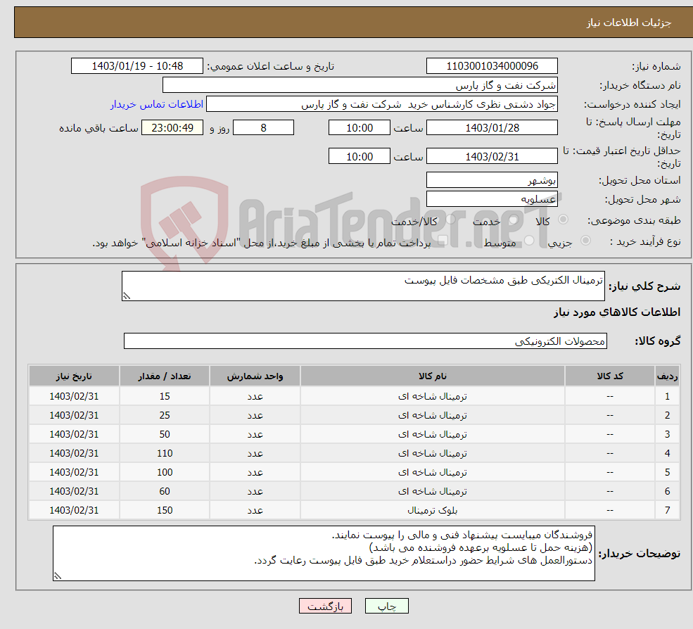 تصویر کوچک آگهی نیاز انتخاب تامین کننده-ترمینال الکتریکی طبق مشخصات فایل پیوست
