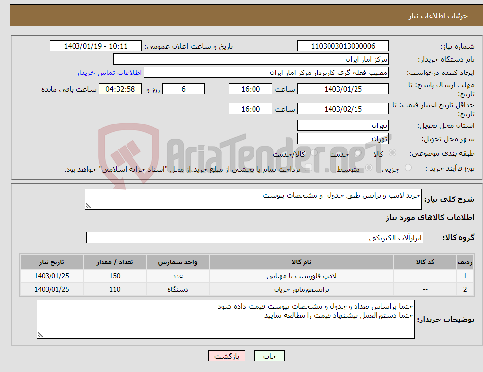 تصویر کوچک آگهی نیاز انتخاب تامین کننده-خرید لامپ و ترانس طبق جدول و مشخصات پیوست