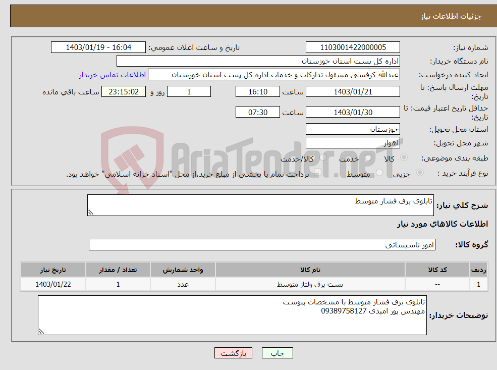 تصویر کوچک آگهی نیاز انتخاب تامین کننده-تابلوی برق فشار متوسط
