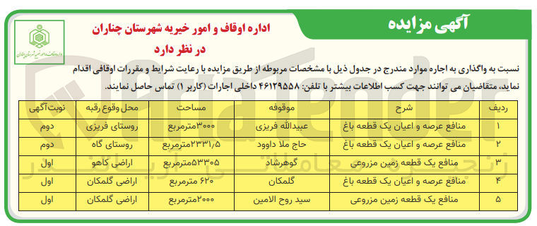 تصویر کوچک آگهی اجاره اماکن در 5 ردیف شامل عرصه و اعیان باغ ـ زمین مزروعی