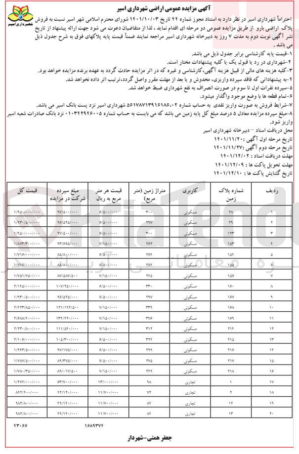 تصویر کوچک آگهی فروش پلاک اراضی بارو در 20 ردیف با کاربری مسکونی - تجاری