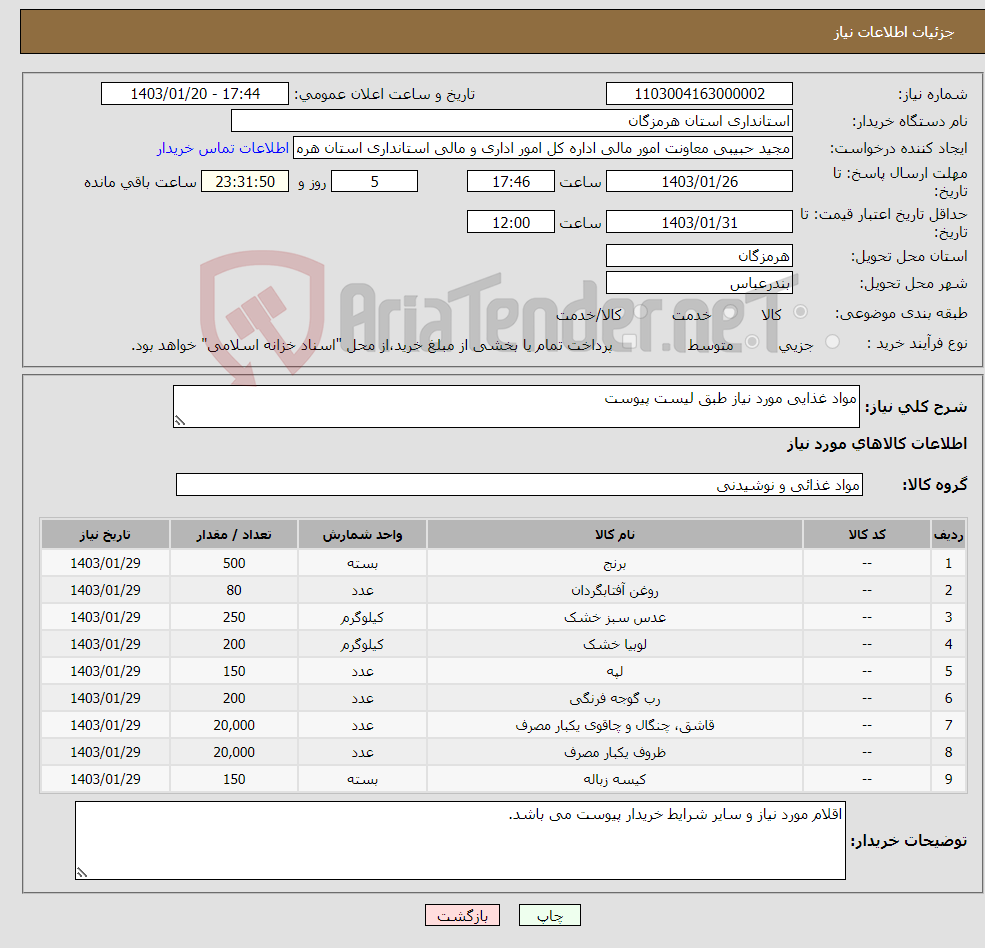 تصویر کوچک آگهی نیاز انتخاب تامین کننده-مواد غذایی مورد نیاز طبق لیست پیوست