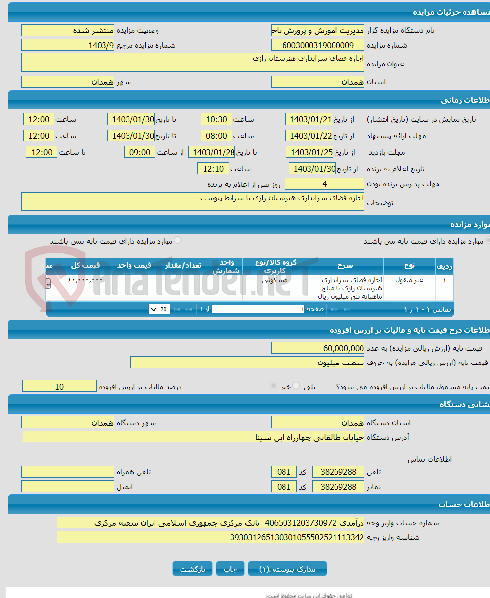 تصویر کوچک آگهی اجاره فضای سرایداری هنرستان رازی