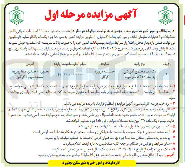 تصویر کوچک آگهی واگذاری اجاره یکساله یک باب مجتمع آموزشی