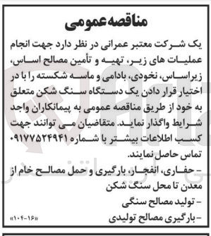 تصویر کوچک آگهی عملیات تهیه و تامین مصالح اساس -زیراساس-نخودی-بادامی-و ماسه شکسته  با در اختیار قرار دادن یک دستگاه سنگ شکن متعلق به خود 