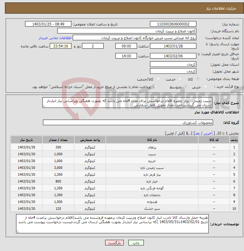 تصویر کوچک آگهی نیاز انتخاب تامین کننده-سیب زمینی ، پیاز وغیره اقلام درخواستی برای مدت 4ماه می باشد که بصورت هفتگی وبراساس نیاز انباردار ارسال می گردد.پرداخت بعداز تحویل کامل سفارش