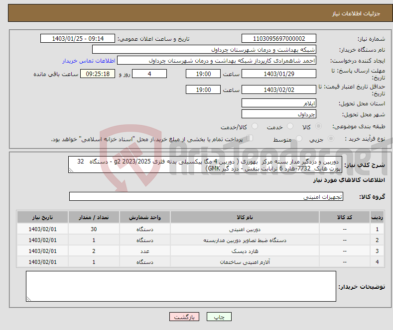 تصویر کوچک آگهی نیاز انتخاب تامین کننده- دوربین و دزدگیر مدار بسته مرکز بهورزی ( دوربین 4 مگا پیکسیلی بدنه فلزی g2 2023/2025 - دستگاه 32 پورت هایک 7732-هارد 6 ترابایت بنفش - دزد گیر GMK)