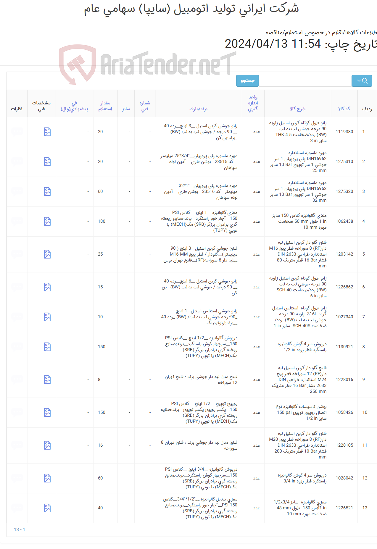 تصویر کوچک آگهی 13 ردیف اقلام و اتصالات تاسیساتی (کربن استیل)