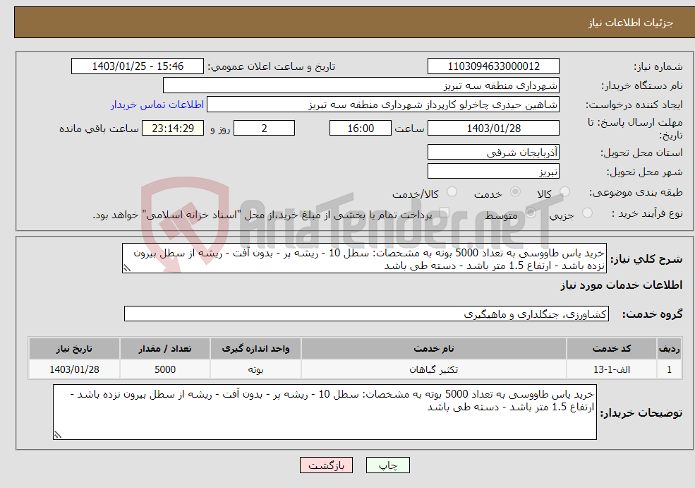 تصویر کوچک آگهی نیاز انتخاب تامین کننده-خرید یاس طاووسی به تعداد 5000 بوته به مشخصات: سطل 10 - ریشه پر - بدون آفت - ریشه از سطل بیرون نزده باشد - ارتفاع 1.5 متر باشد - دسته طی باشد