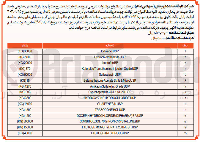 تصویر کوچک آگهی خرید انواع مواد اولیه دارویی مورد نیاز در 15 ردیف 
