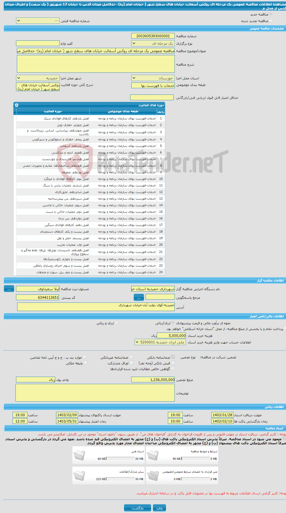 تصویر کوچک آگهی مناقصه عمومی یک مرحله ای روکش آسفالت خیابان های سطح شهر ( خیابان امام (ره)- حدفاصل میدان قدس تا خیابان 17 شهریور ( یک سمت) و اطراف میدان قدس از محل م