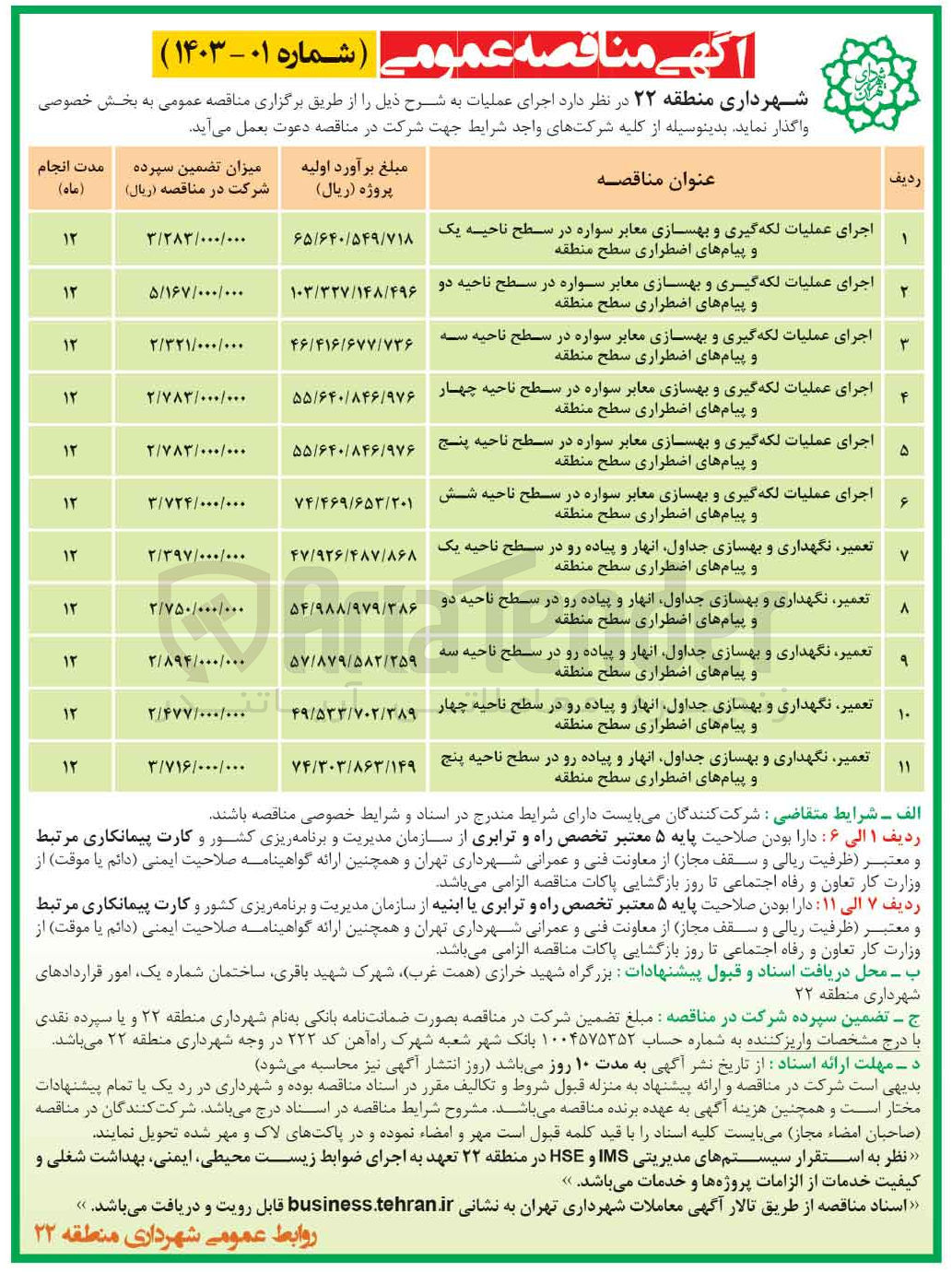 تصویر کوچک آگهی تعمیر ،نگهداری و بهسازی جداول ،انهار و پیاده رو در سطح ناحیه یک و پیام های اضطراری سطح منطقه 