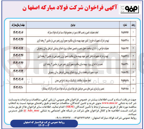تصویر کوچک آگهی انجام عملیات تامین و نصب اقلام نسوز در مجتمع فولاد سبا 