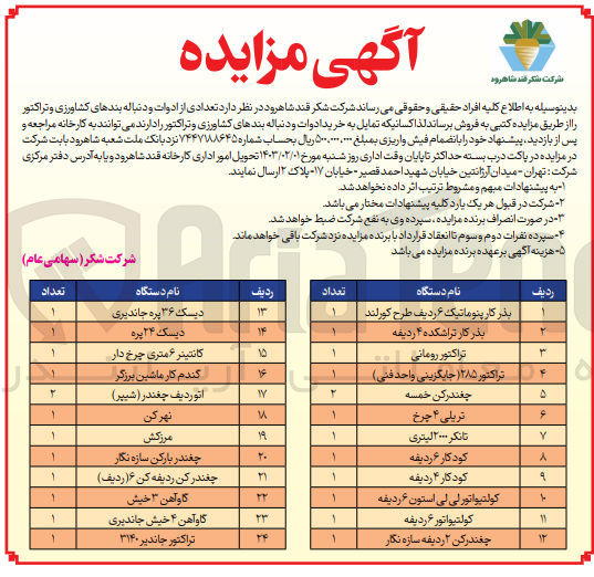 تصویر کوچک آگهی فروش تعدادی از ادوات و دنباله پندهای کشاورزی و تراکتور در 24ردیف شامل 1-نهرکن 2-مرزکش3-دیسک 24پره 4-تریلی 4 چرخ و.....