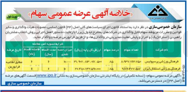 تصویر کوچک آگهی واگذاری سهام شرکت های فرهنگ ورزشی پرسپولیس و فرهنگی ورزشی استقلال ایران با 85 درصد سهام