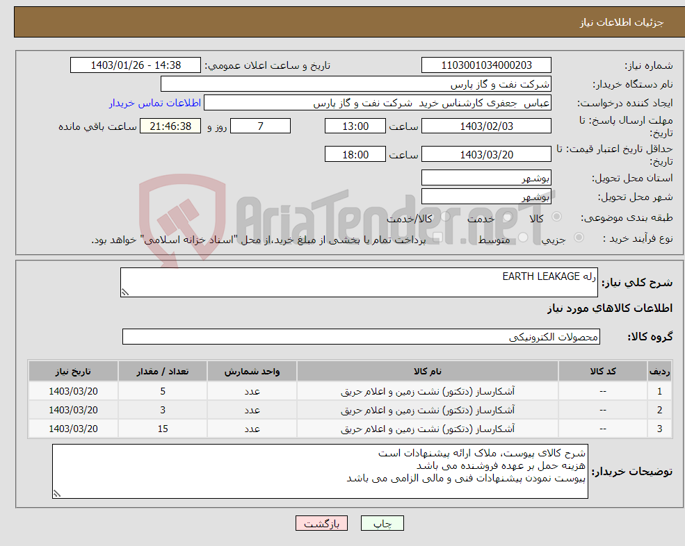 تصویر کوچک آگهی نیاز انتخاب تامین کننده-رله EARTH LEAKAGE