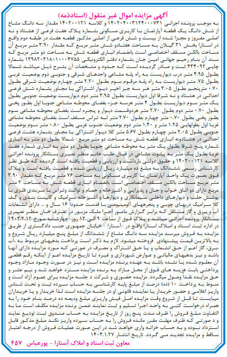 تصویر کوچک آگهی کلاسه 140200121 : فروش یک قطعه آپارتمان با کاربری مسکونی