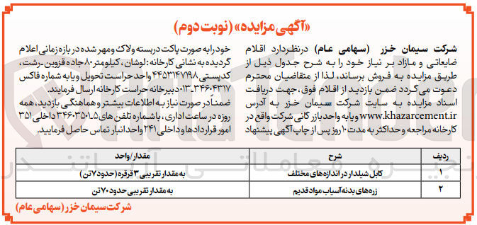 تصویر کوچک آگهی فروش اقلام ضایعاتی در 2 ردیف شامل کابل شیلدار در اندازه های مختلف - زره های بدنه آسیاب مواد قدیم