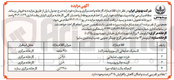 تصویر کوچک آگهی فروش اقلام مازاد در 4 ردیف شامل :لاستیک ضایعاتی -خرده چوب- کیسه جانبو پوسیده -کنجاله مالت