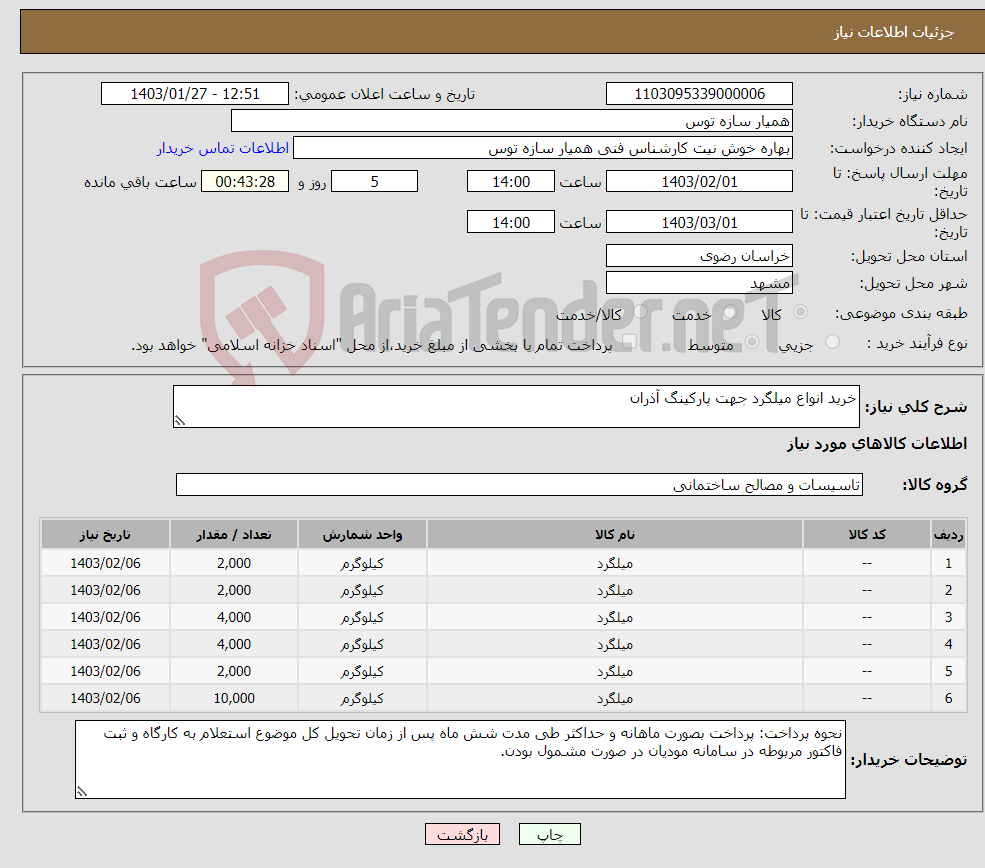 تصویر کوچک آگهی نیاز انتخاب تامین کننده-خرید انواع میلگرد جهت پارکینگ آذران