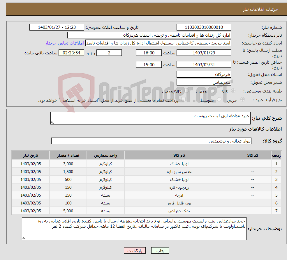 تصویر کوچک آگهی نیاز انتخاب تامین کننده-خرید موادغذایی لیست پیوست